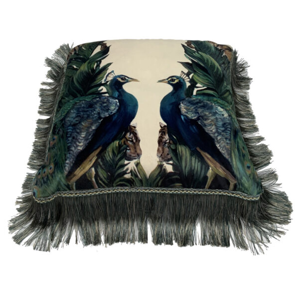 Large fringed peacock cushion